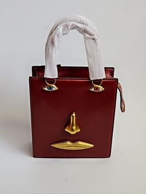 Designer Inspired Burgundy Novelty Face Nose Lip Eyes Detail Tote Bag Brand New